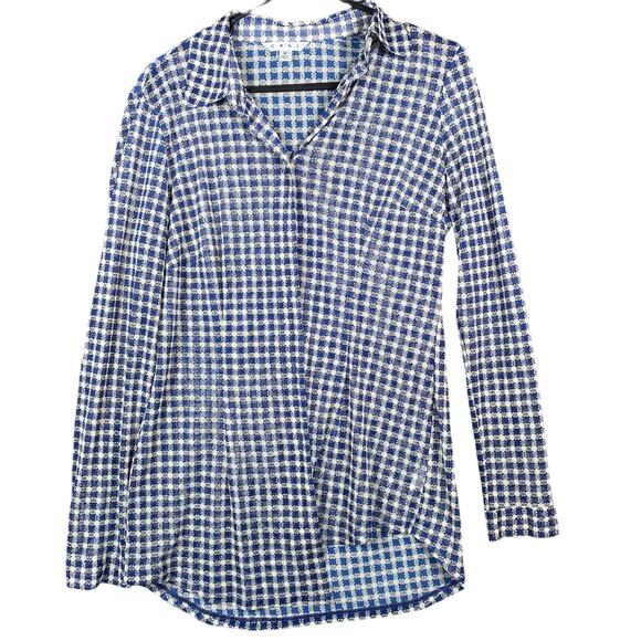 Cabi Womens Blouse Blue Black White Long Sleeve Mesh Geometric Button Down M - Picture 1 of 13